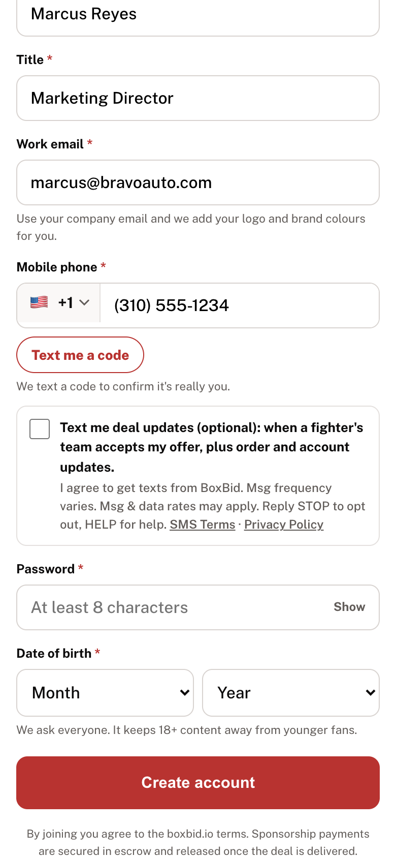 boxbid.io sign-up, details step for a brand: mobile phone field, then an unticked optional Text me deal updates box with the full disclosure beside it